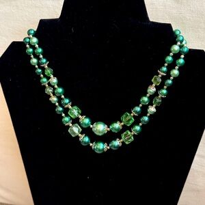 Vintage Japan 17” Double Strand Green Beaded Necklace